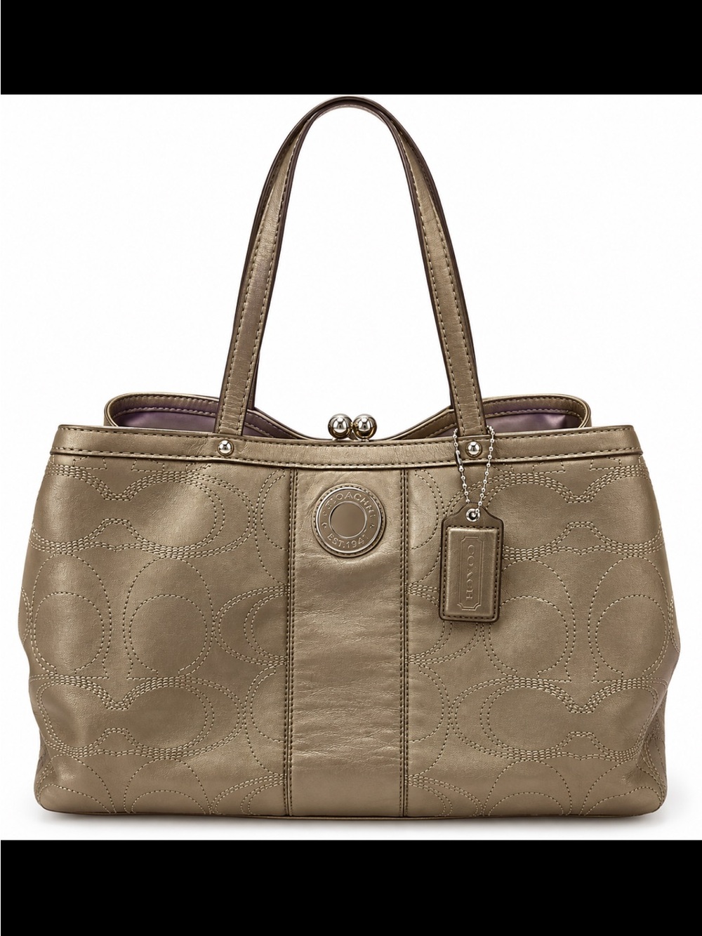 Coach 2012 Metallic Taupe Leather Framed Kiss Lock Tote